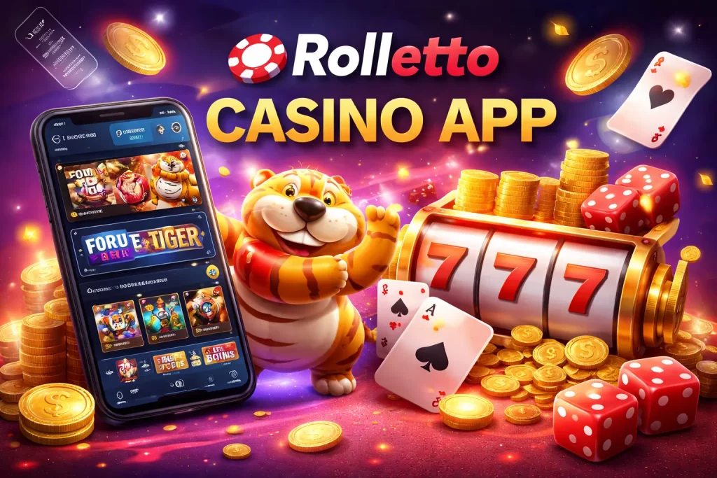 Rolletto Casino mobile app banner showing smartphone interface, slot game screen, and casino elements on vibrant background