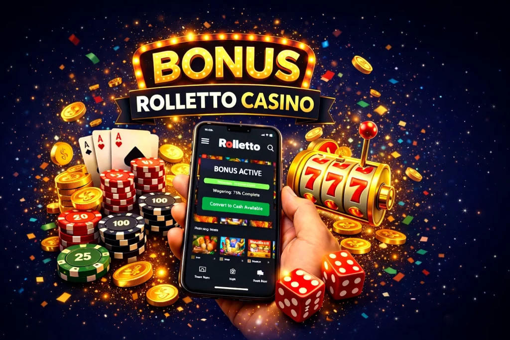 Rolletto Casino bonus banner on dark blue background showing bonus system interface, wagering progress, and casino elements