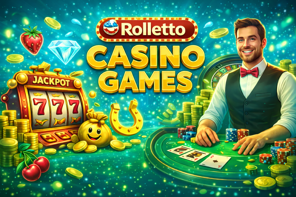 Rolletto Casino Games banner with turquoise background, slot machine 777, gold coins and casino dealer at poker table