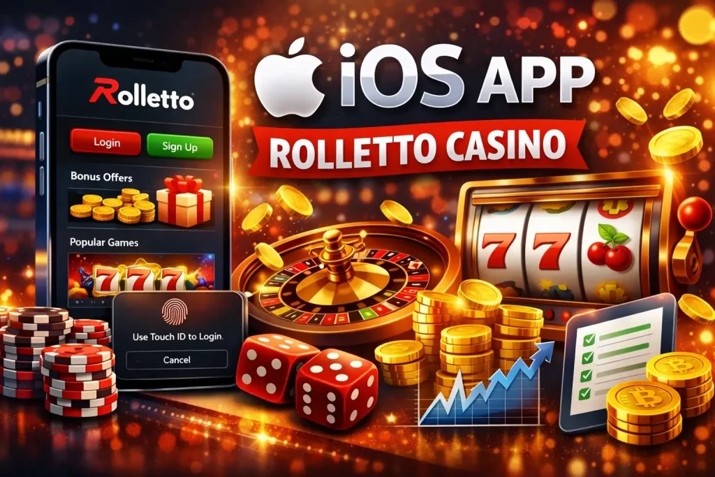 Rolletto Casino iOS App banner featuring iPhone interface, biometric login screen, roulette wheel, slot machine and gold coins on vibrant casino background