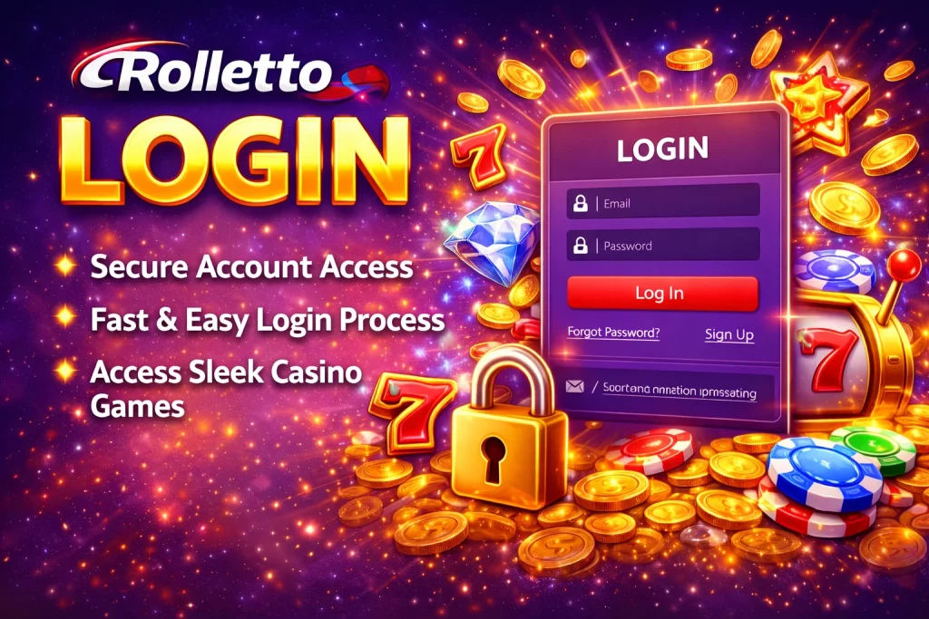 Rolletto Casino Login banner showing secure account access interface with email and password fields, casino chips and gold coins
