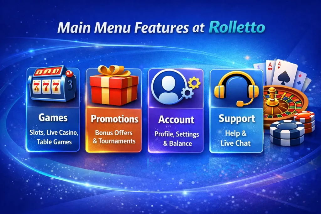 Rolletto Casino main menu features banner on blue background showing games, promotions, account and support sections