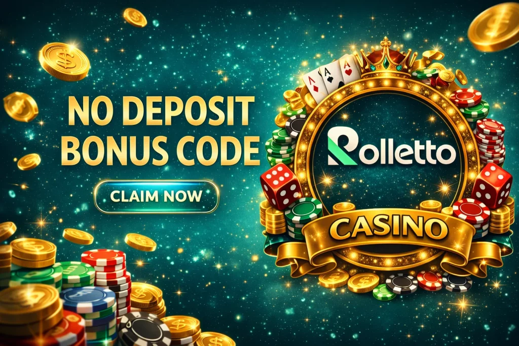 Rolletto Casino no deposit bonus banner with bright casino elements, gold coins and neon accents on dark turquoise background, 1536x1024
