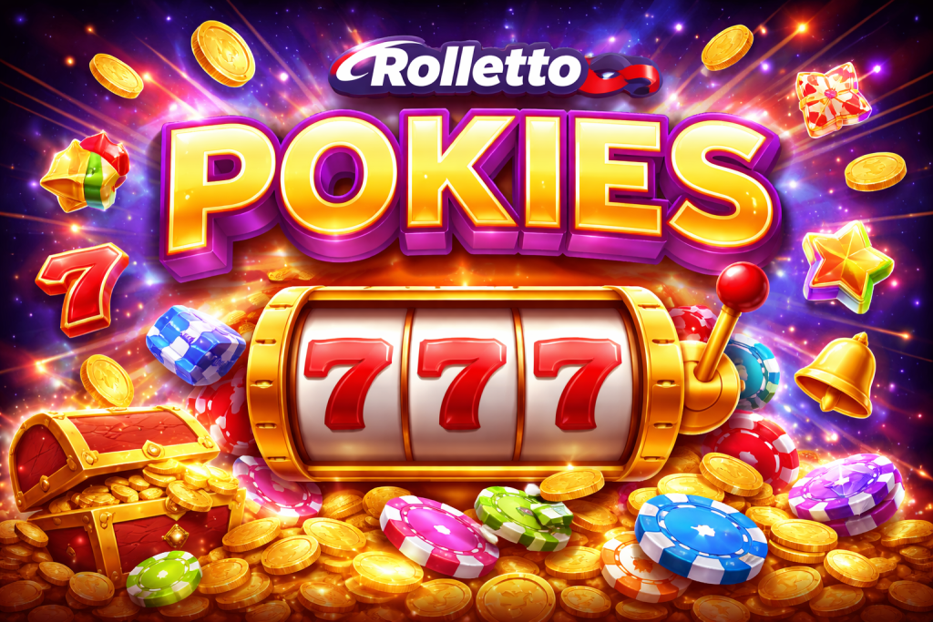 Rolletto Casino Pokies banner with golden 777 slot machine, coins, poker chips and bright colourful background