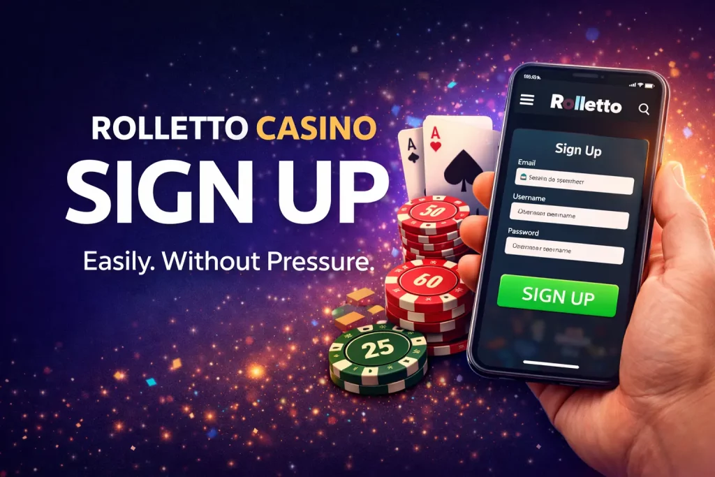 Rolletto Casino sign up banner showing registration interface, account creation flow, and casino environment