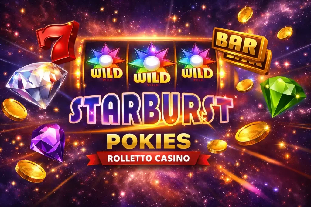Starburst Pokies at Rolletto Casino with cosmic slot machine, wild symbols and glowing casino graphics