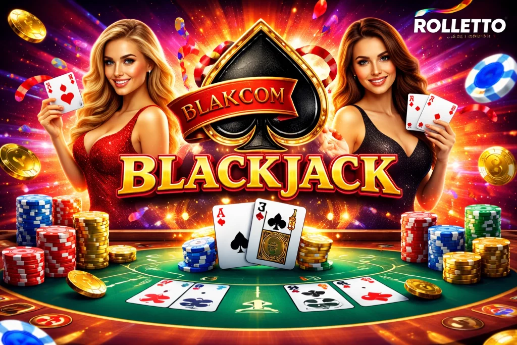 Rolletto Casino Blackjack banner with bright red and gold design, playing cards, casino chips