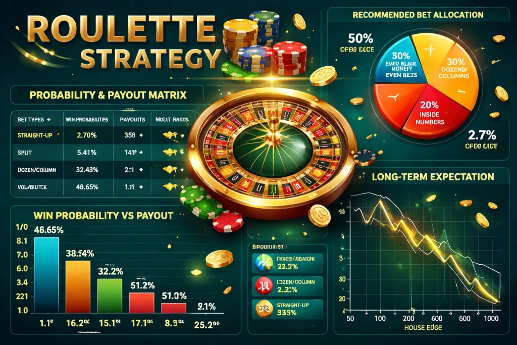 European Roulette strategy infographic with dark teal background, golden roulette wheel, probability matrix, bet allocation pie chart and long-term expectation graph – Rolletto Casino