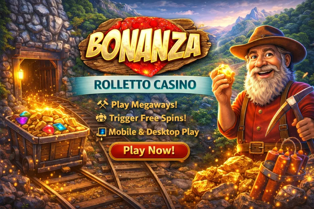 Bonanza promotional banner featuring a dark turquoise 'Rolletto Casino' logo, with the Bonanza game logo and an engaging mining theme with vibrant colors, highlighting the game’s exciting features.