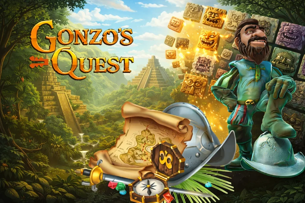 Gonzo's Quest promotional digital illustration featuring Gonzo character, treasure map, compass, helmet, and cascading reels in a jungle setting with ancient pyramids in the background.