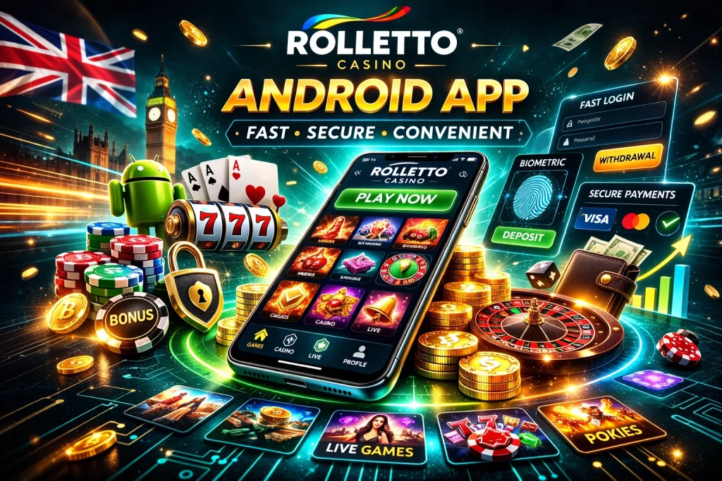 Rolletto Casino Android app promotional banner with dark teal background, smartphone interface, roulette wheel, casino chips and bright neon elements