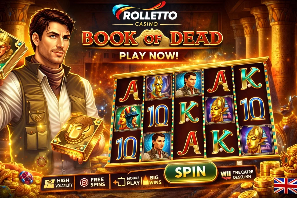 Rolletto Casino Book of Dead slot banner with Egyptian temple background, explorer character