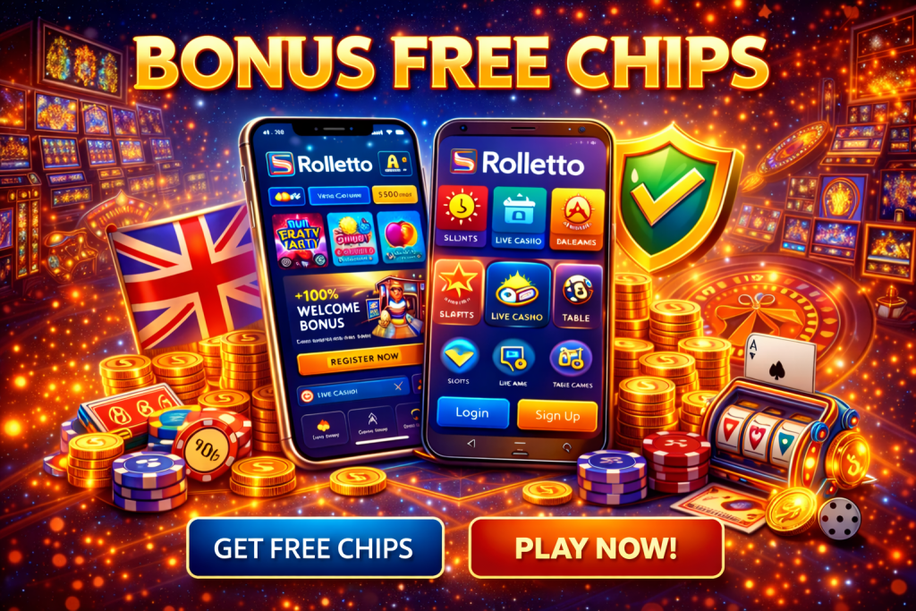 Rolletto Casino mobile app promotional banner featuring vibrant casino graphics, UK flag, free chips offer, glowing buttons, and app icons for downloading from the App Store and Google Play.