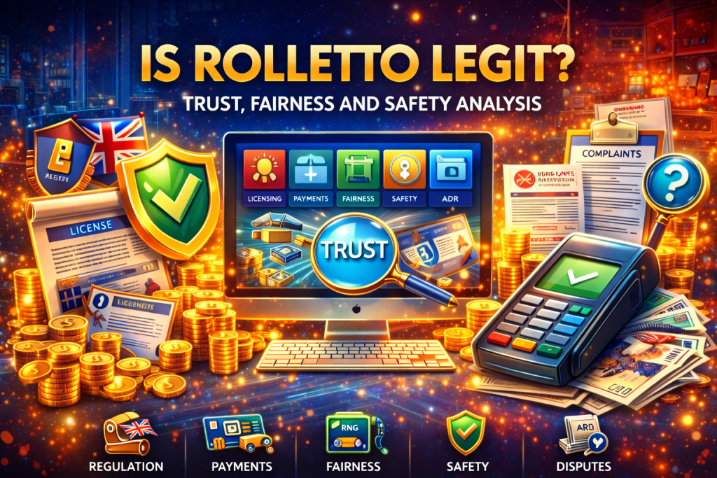 Rolletto Casino is legit banner with UK flag, security shield, licensing documents, payment terminal, gold coins and trust analysis icons on vibrant casino background