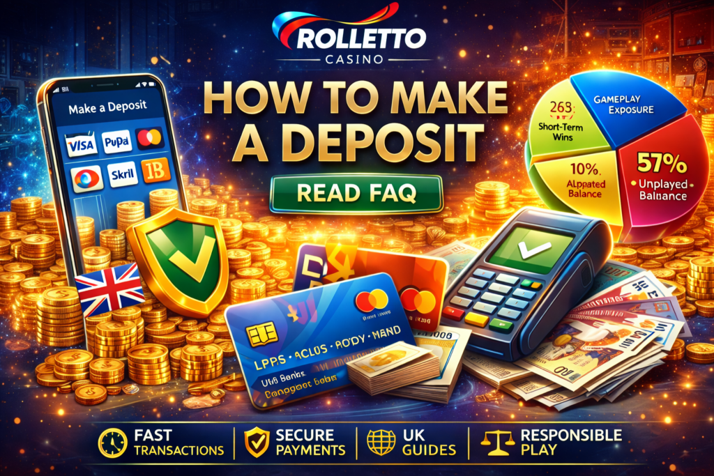 Rolletto Casino how to make a deposit banner with mobile payment icons, credit cards, security shield, UK flag, gold coins and colourful pie chart on dark vibrant background 1536x1024 WEBP