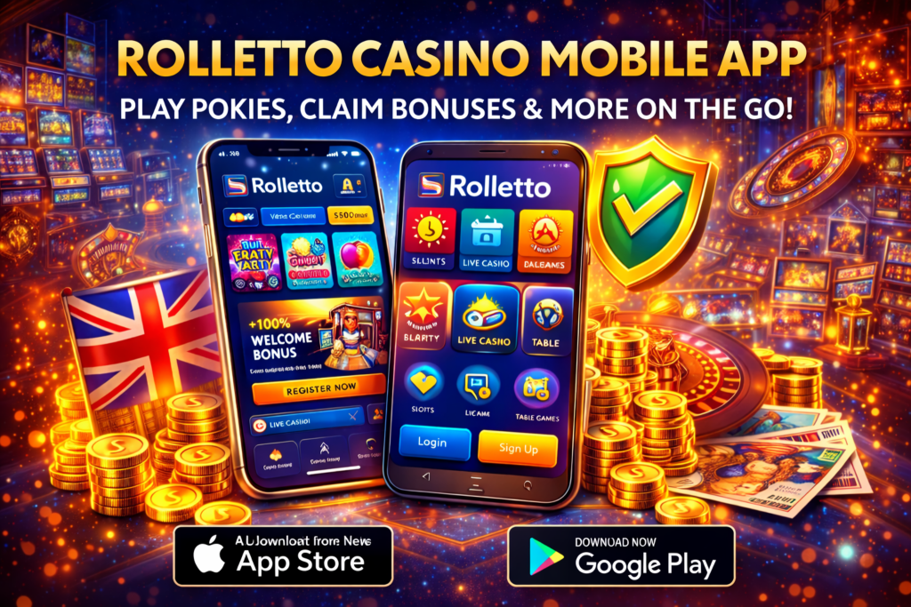 Rolletto Casino mobile app promotional banner with UK flag, mobile phones displaying casino games, a security shield, and vibrant casino-themed background for downloading from the App Store and Google Play.