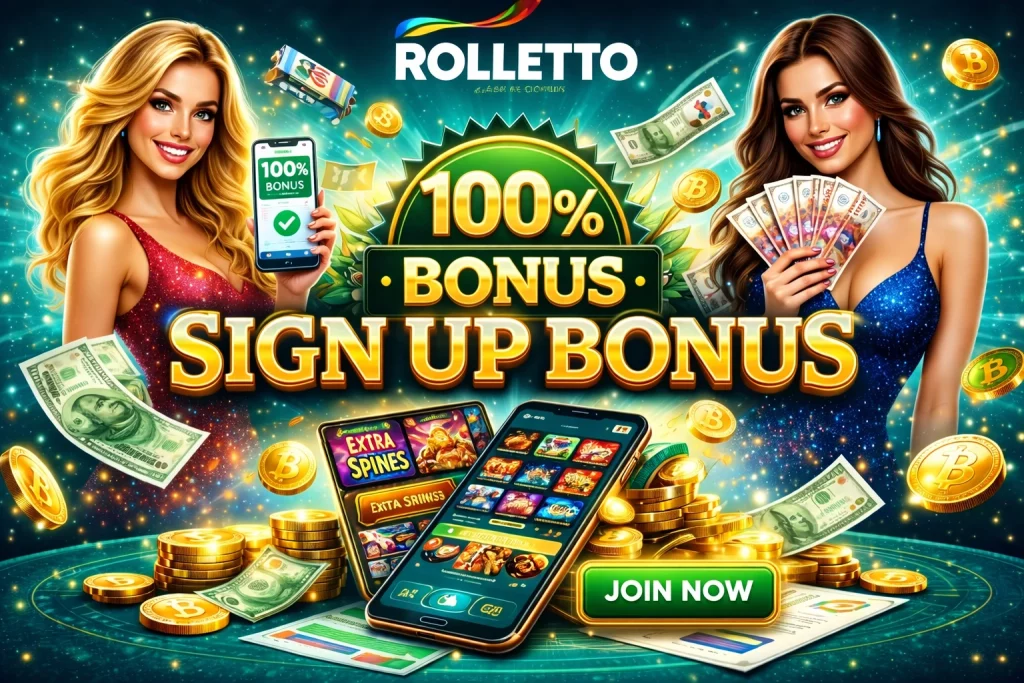 Rolletto Casino sign up bonus banner with dark teal background, 100 percent bonus badge, casino coins, mobile app screens and bright promotional design 1536x1024 WEBP
