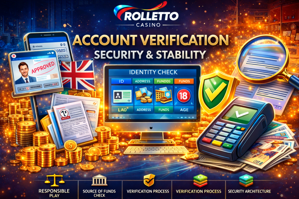 Rolletto Casino account verification banner with identity check interface, security shield, UK flag, approved documents, payment terminal and gold coins on vibrant casino background